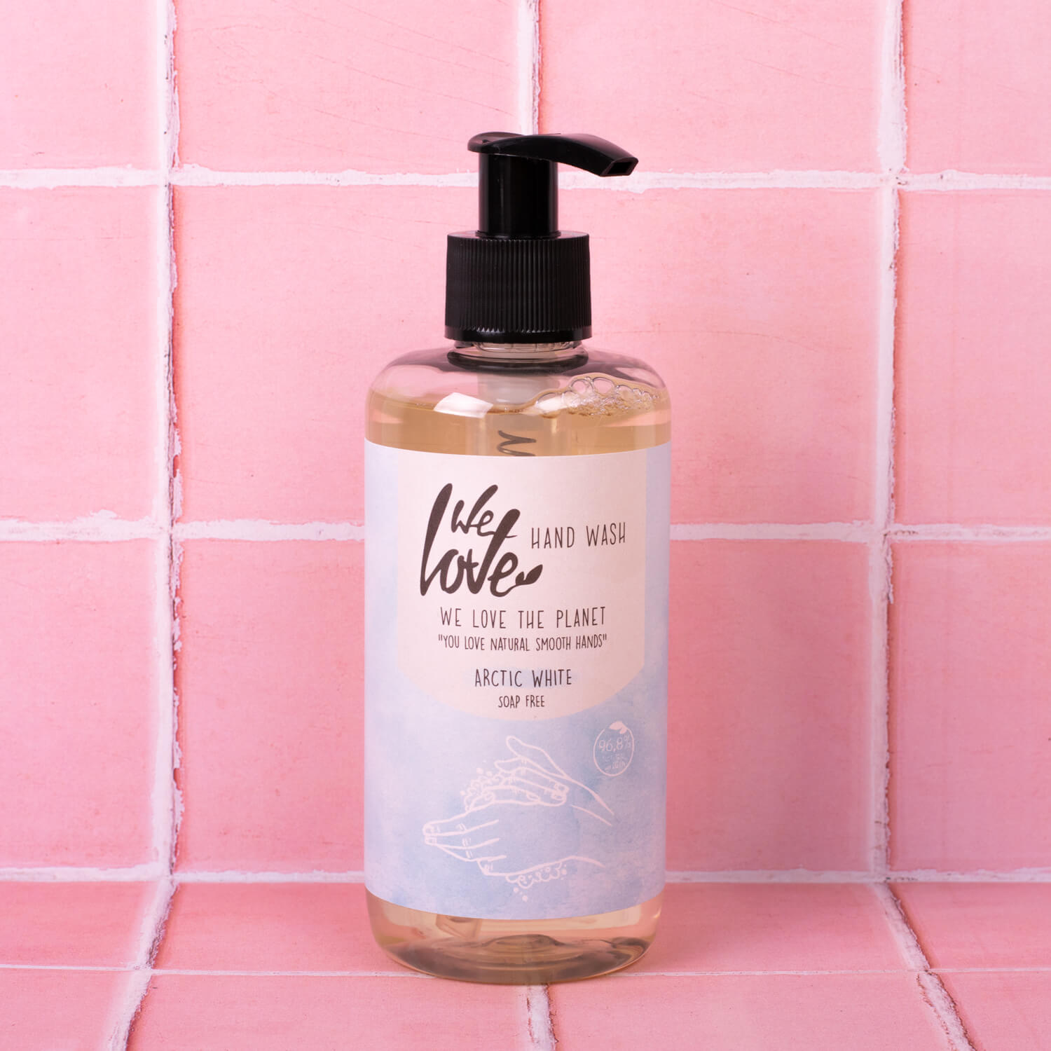 We Love The Planet Arctic White soap in pink bathroom